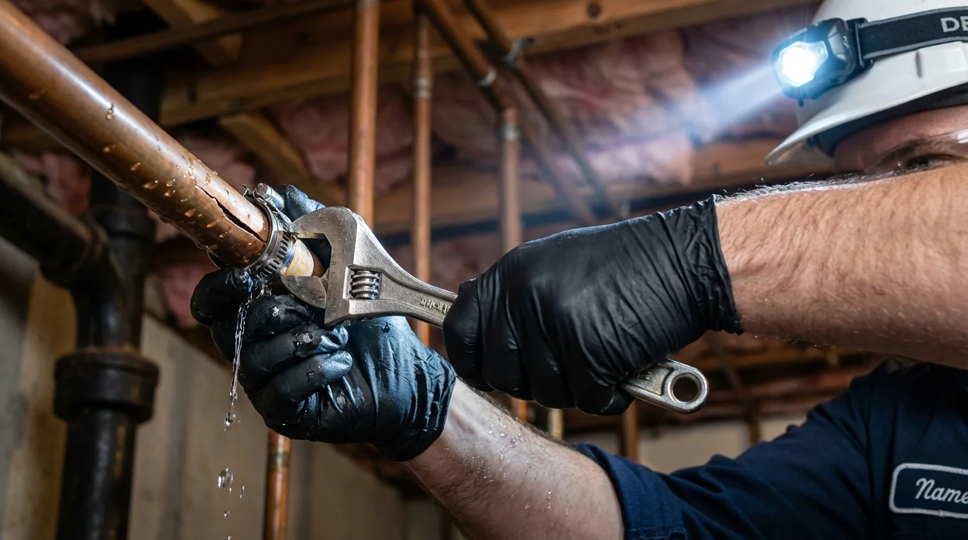 Emergency pipe clamp repair being performed by a Johns Plumbing LLC plumber in Purvis